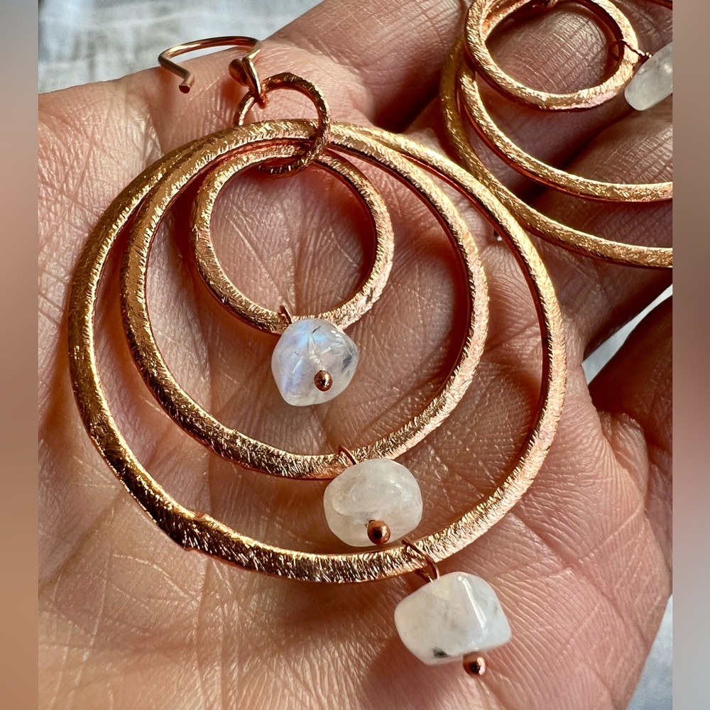 Hanmered Copper + Moonstone Triple Hoop Earrings